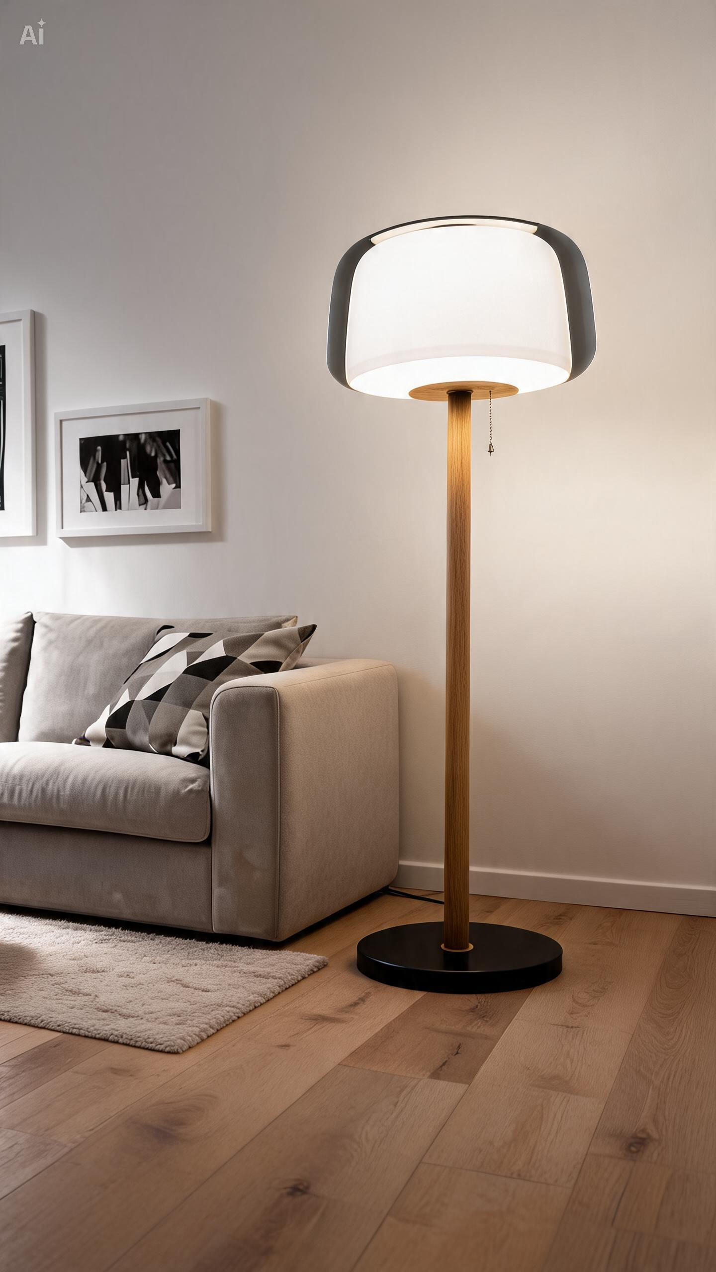Modern LED Floor Lamp with Glass Shade and Wooden Base - Image 2
