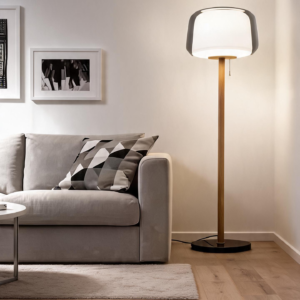 Modern LED Floor Lamp with Glass Shade and Wooden Base