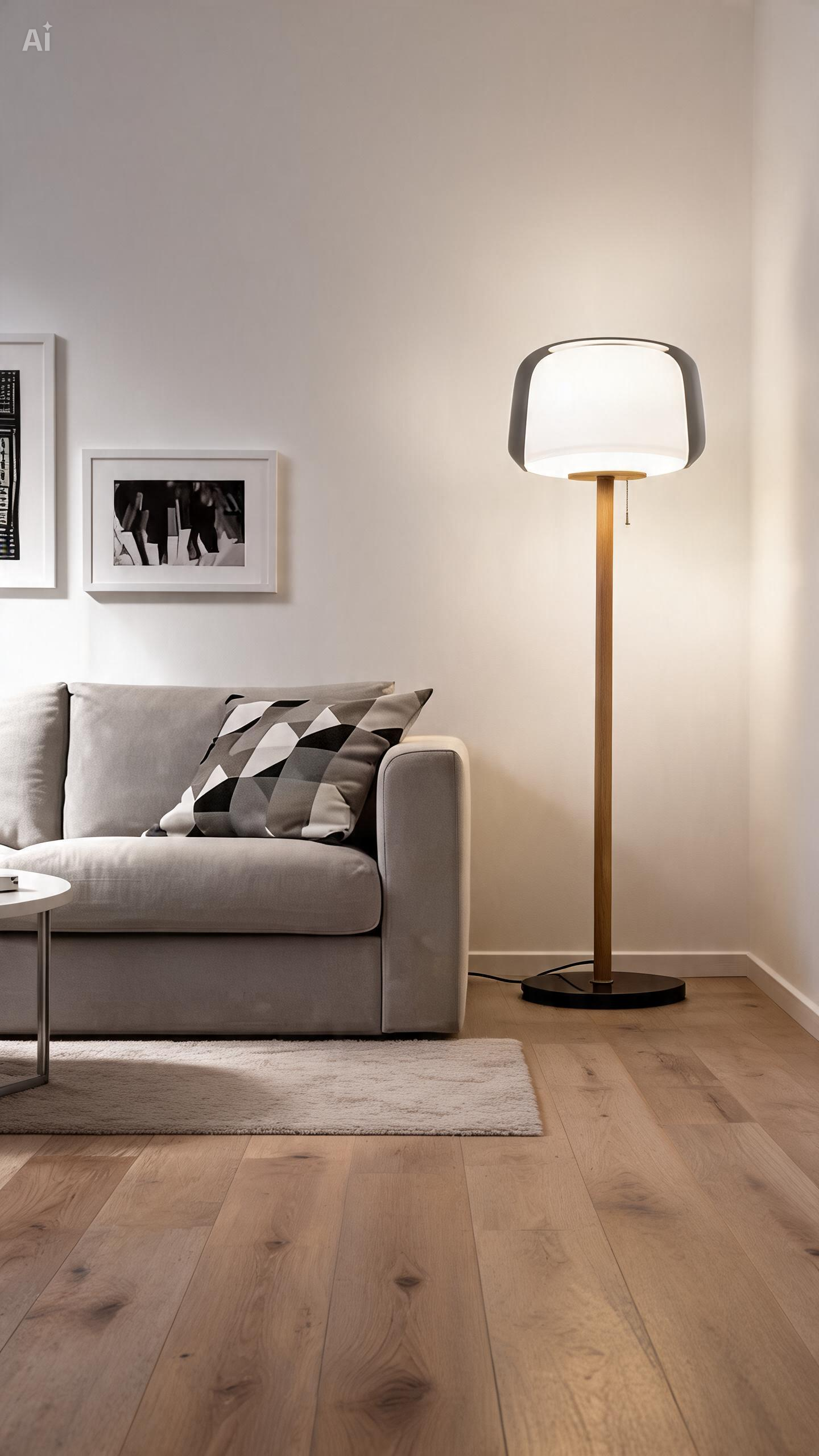 Modern LED Floor Lamp with Glass Shade and Wooden Base