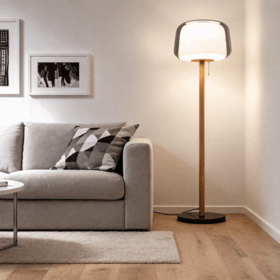 Modern LED Floor Lamp with Glass Shade and Wooden Base